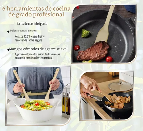 Vista 3 de Juego de utensilios de cocina de madera de bambú de 14 piezas, 6 herramientas de cocina resistentes al calor antiarañazos con agujeros