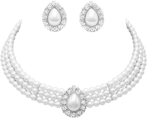 Vista 2 de Rosemarie & Jubalee Juego de gargantilla de 3 piezas con perlas de lágrima grandes de imitación para mujer, 11.0in + extensor de 3.0in