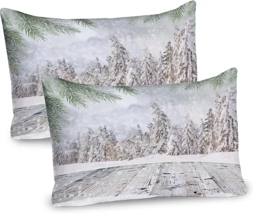 Vista 37 de Ambesonne Juego de 2 fundas de almohada navideñas, diseño de estrellas de Navidad y copos de nieve, letras retro, ropa de cama de microfibra
