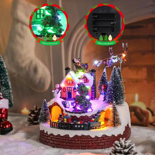 Vista 4 de Vipush Decoraciones de Casa de Pueblo Navideño de Resina Juego de Tren con Papá Noel Volador Decoración del Hogar Interior Figuras de Edificios Tren