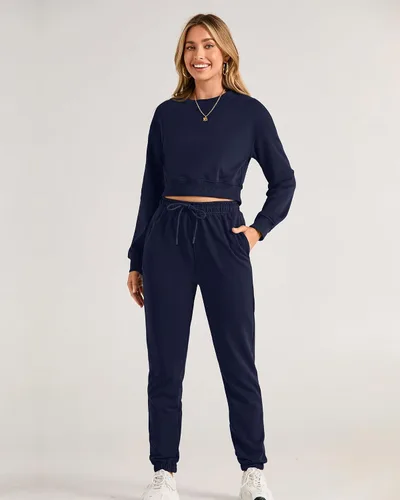 Vista 8 de BTFBM Conjunto deportivo de 2 piezas para mujer, camiseta corta de manga larga, sin botones, pantalón con cordón ajustable, pantalones deportivos