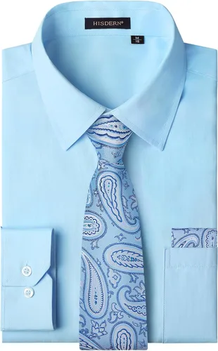 Vista 30 de HISDERN Mens Dress Shirt with Tie Pocket Square Set Classic Button Down Shirt Matching Tie Long Sleeve Shirts 08-verde