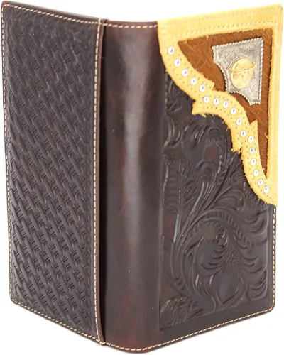 Vista 2 de West Star - Billetera para hombre, estilo de chequera, larga, plegable, con o sin pelo de vaca, Café profundo Longhorn 206A, Antiguo