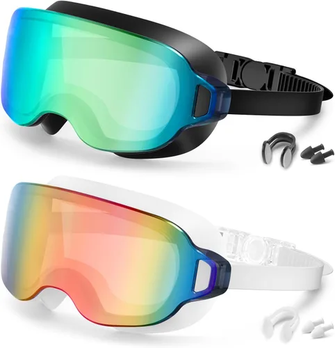 Vista 10 de Aegend Gafas de natación para adultos, paquete de 2 unidades, sin marco, 180°, visión amplia, antiniebla, UV, a la moda, para hombres y mujeres