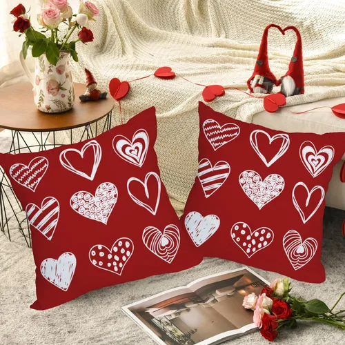 Vista 2 de Fukeen Paquete de 2 fundas de almohada impermeables para el día de San Valentín para exteriores, de 16 x 16 pulgadas, color blanco, rojo, corazón