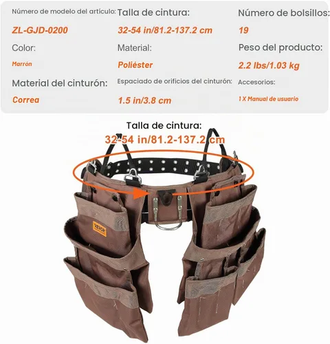 Vista 7 de VEVOR Cinturón de herramientas, 19 bolsillos, se ajusta de 32 a 54 pulgadas, bolsa de herramientas de poliéster resistente, bolsa de herramientas