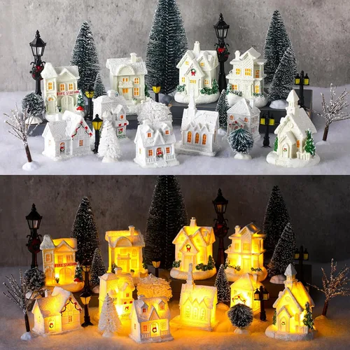 Vista 6 de Shappy 48 piezas de casas de pueblo navideño, accesorios de edificios de ciudad, 10 casas de pueblo navideño con luz, 12 mini árboles, 12 luces LED