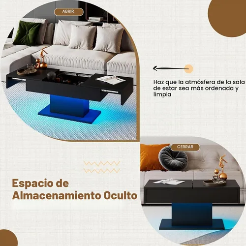 Vista 3 de HedoAjim - Mesa de café LED negra con almacenamiento para sala de estar, mesa de centro rectangular para sala de estar, mesas de café modernas