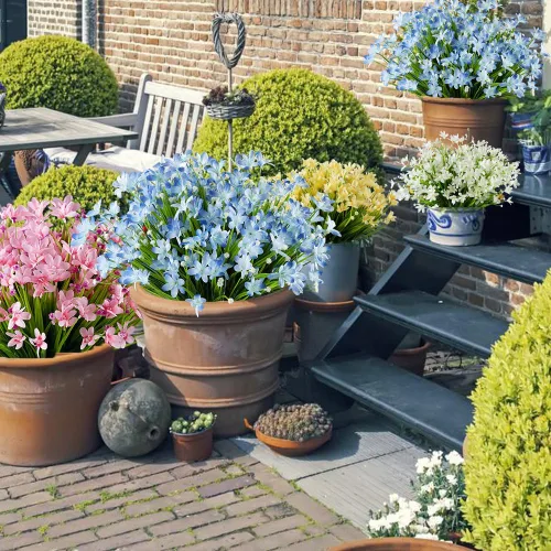 Vista 2 de 4 paquetes de flores artificiales de narcisos, vegetación artificial falsa resistente a los rayos UV, no se decolora, plantas de plástico sintético