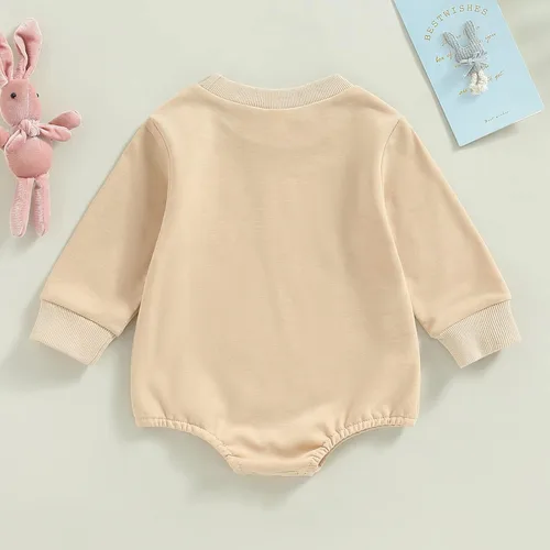 Vista 7 de GOOCHEER Mameluco de manga larga con cuello redondo para bebé, recién nacido, con texto en inglés "My First Easter", sudadera de manga larga