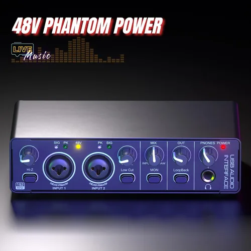 Vista 7 de Interfaz de audio USB 2X2 para PC Mac portátil, 24Bit 192kHz para grabación de computadora, guitarra, transmisión, podcasting, con alimentación