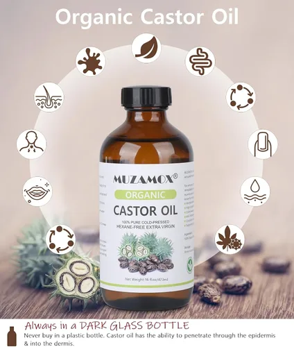 Vista 2 de Aceite de ricino orgánico prensado en frío sin refinar, 100% puro y libre de hexano, ideal para paquete de aceite de ricino, cuidado de la piel