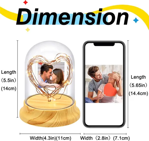 Vista 2 de Luz nocturna personalizada con foto, lámpara de noche personalizada con imagen de corazones en pantalla de vidrio con cadena de luces LED, regalos