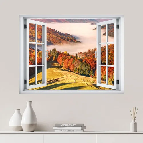 Vista 16 de SIGNWIN Adhesivo mural removible para pared, atardecer cielo naranja, otoño, bosque, árbol, paisaje, naturaleza, arte fino, rústico, paisaje