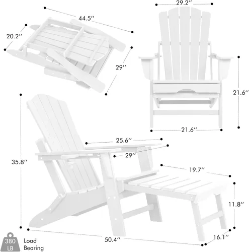 Vista 3 de LETKIND Folding Adirondack Chair with Retractable Ottoman,All Weather Fire Pit Chairs with Cup Holder,Outdoor Chair with Ottoman,White