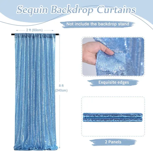 Vista 4 de Cortinas de fondo de lentejuelas con purpurina azul bebé, 2 piezas de 2 x 8 pies, telón de fondo de fiesta de baby shower para niños, hermosas