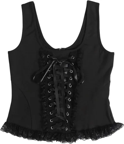 Vista 2 de Camisola femenina, color liso, con encaje y cuello en U, chaleco casual para verano, negro, talla S, L