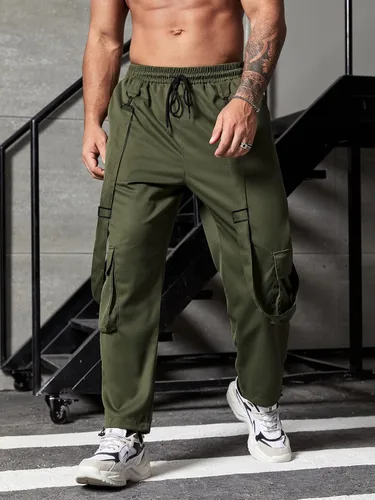 Vista 4 de WDIRARA Pantalones cargo con cordón elástico en la cintura con detalle de correa y bolsillo con solapa para hombre