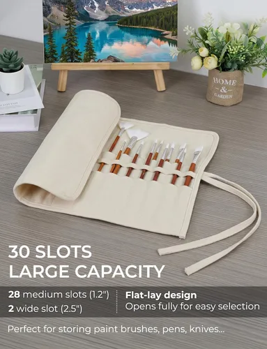 Vista 3 de DUGATO Soporte para pinceles de pintura de lienzo y organizador de almacenamiento, bolsa enrollable (beige, 30 ranuras) Durable Canvas Organizer