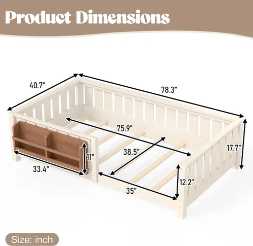 Vista 2 de Marco de cama Montessori Twin con estantería y barandillas, color beige