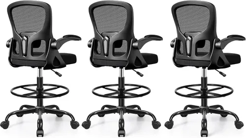 Vista 8 de Silla de dibujo alta de oficina para escritorio de pie, taburete ergonómico de trabajo para computadora con brazos abatibles, anillo de pie y Negro
