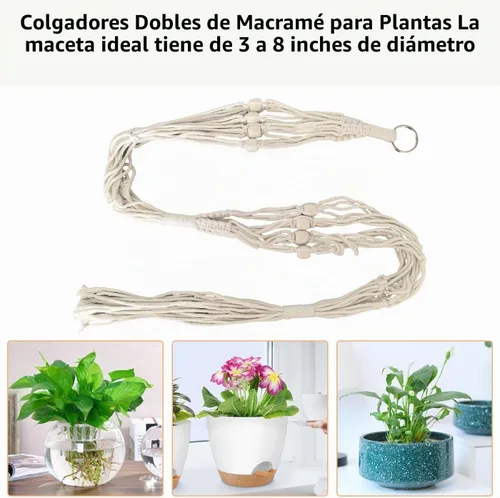 Vista 5 de Belit Paquete de 2 perchas dobles de macramé para plantas, cesta colgante de 2 niveles, cesta decorativa para macetas, cuerda para decoración