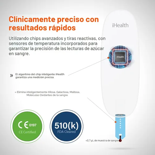 Vista 5 de Kit de monitorización de glucosa inalámbrico inteligente iHealth Gluco+ con aplicación gratuita, 100 tiras de glucómetro, 100 lancetas, 1 monitor