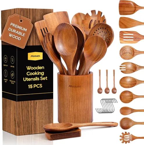 Vista 10 de Cucharón de madera para sopa, cucharón de madera de teca de 3 tamaños con ganchos traseros, cucharas de madera resistentes al calor para cocinar
