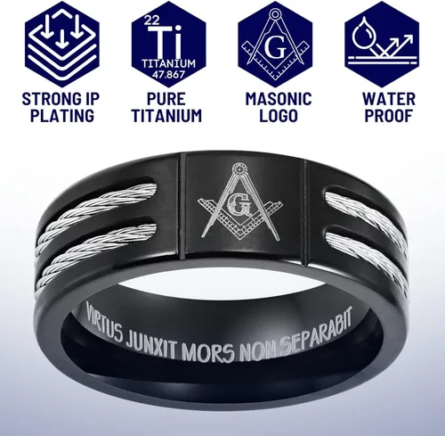 Vista 4 de MasonicMan Anillo masónico de titanio negro para hombre, grabado latino