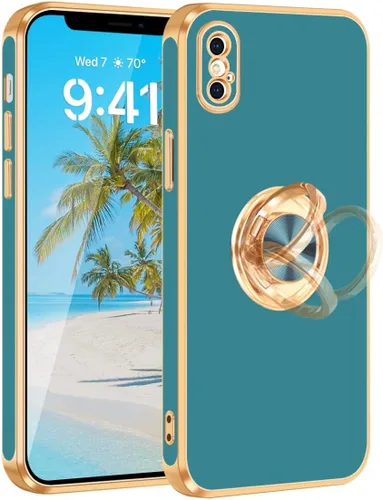 Vista 14 de Fingic Funda para iPhone X, iPhone Xs con soporte de anillo, soporte magnético giratorio de 360°, chapado en oro, borde dorado, delgada, suave, TPU