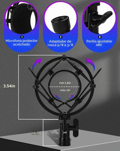 Vista 3 de Soporte universal de montaje de choque para micrófono, clip de micrófono para diámetro de 1,85 – 2,08 pulgadas, montaje de choque antivibración
