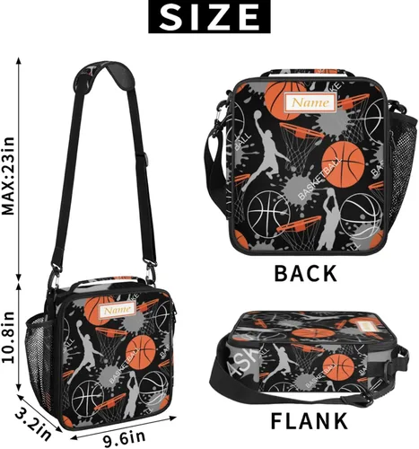 Vista 3 de Lonchera personalizada con nombre, lonchera personalizada de baloncesto, bolsa de almuerzo aislada personalizada, bolsa de preparación de comidas