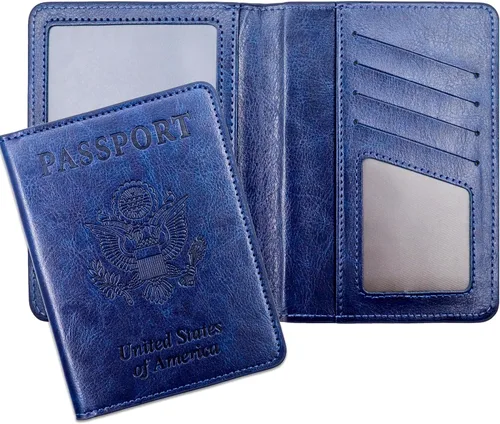 Vista 9 de Soporte para pasaporte para artículos esenciales de viaje, con bloqueo RFID, funda para tarjetas, funda de piel sintética para pasaporte