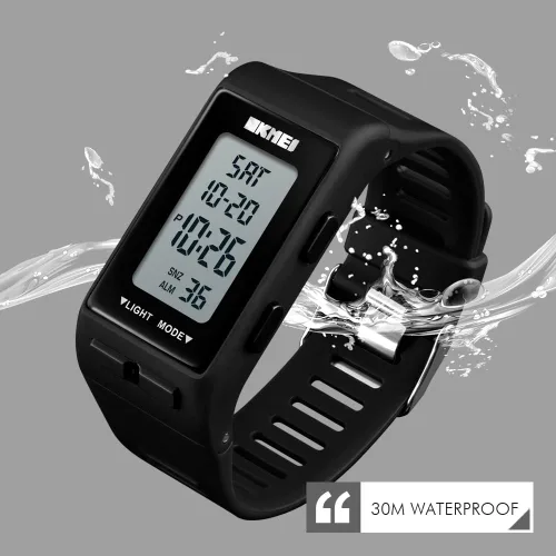 Vista 5 de Reloj digital deportivo rectangular negro para hombre, impermeable, pantalla LED, gran cara, militar, luminoso, cronómetro, alarma, militar, reloj