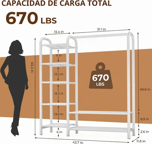 Vista 5 de Perchero resistente con estantes de 5 niveles, carga máxima de 670 libras, perchero de metal multifuncional portátil independiente con sistema Blanco