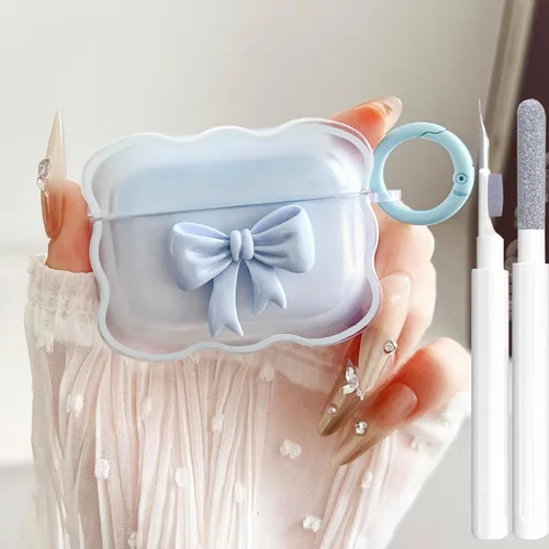 Vista 21 de Bonita funda transparente para AirPods Pro 2/1 Gen, diseño de lazo 3D femenino, funda protectora y a prueba de golpes de TPU suave Kawaii para Apple