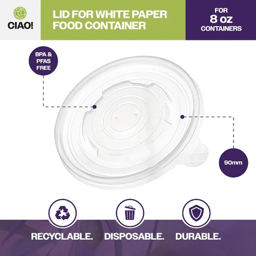 Vista 2 de CIAO! Tapa de PP de 3.543 in de diámetro, diseñada y apta para contenedores de papel de 8 oz (1000/caja)