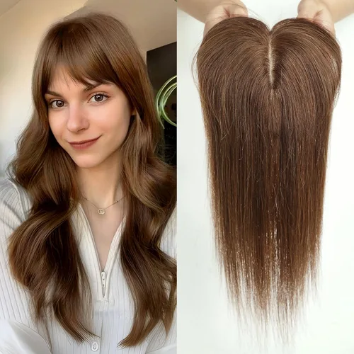 Vista 23 de HAIRCUBE Pelucas de cabello humano 100% con flequillo, densidad 150%, base de seda, clip en la parte superior, pelucas de cabello superior