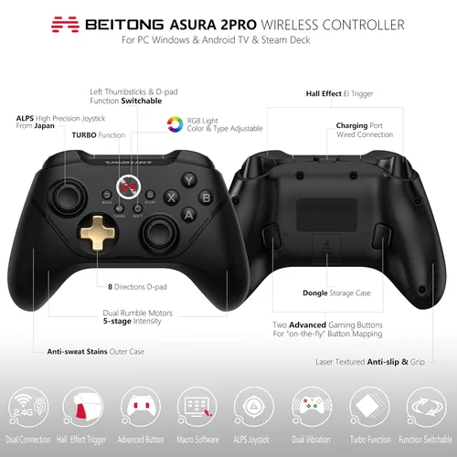 Vista 2 de BEITONG Asura 2 Pro Wireless Gaming Controller PC Game Controllers Dual Vibrate Gamepad Joystick For Windows 7 8 10 11 Android TV Steam Deck Tesla