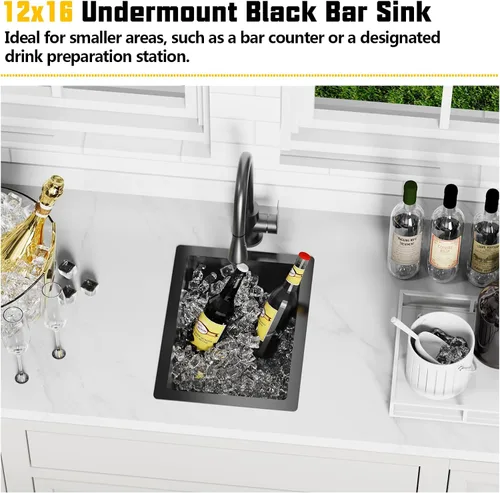 Vista 2 de Fregadero de cocina y bar negro de 12 x 16 pulgadas, pequeño tazón de acero inoxidable para montaje inferior, fregadero de cocina y bar, elección