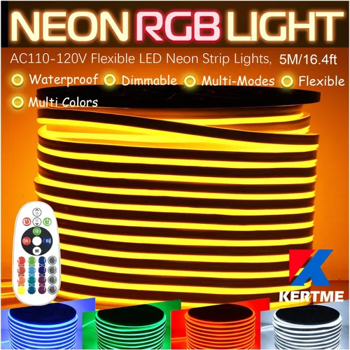 Vista 9 de Tira de luz LED RGB de neón, AC110-120 V/flexible, impermeable, regulable, multicolor, multimodos, cuerda de luz + control remoto de 24 teclas