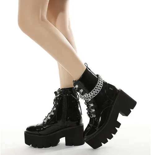 Vista 2 de Starella Botines góticos de plataforma para mujer, tacón de bloque, con cordones, botines de motocicleta de combate con cadena
