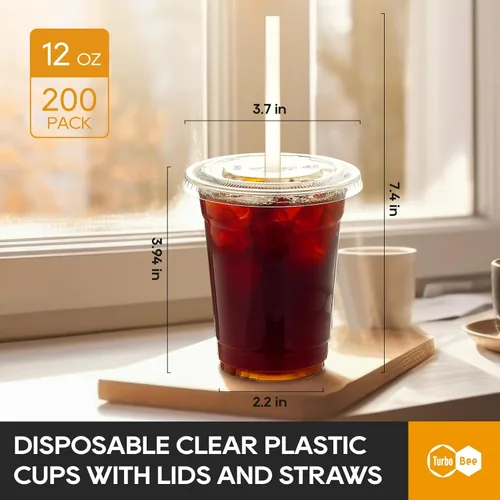 Vista 2 de Turbo Bee 200 juegos de vasos de plástico transparente de 12 onzas con tapas y pajitas, tazas de café helado desechables para llevar con tapas