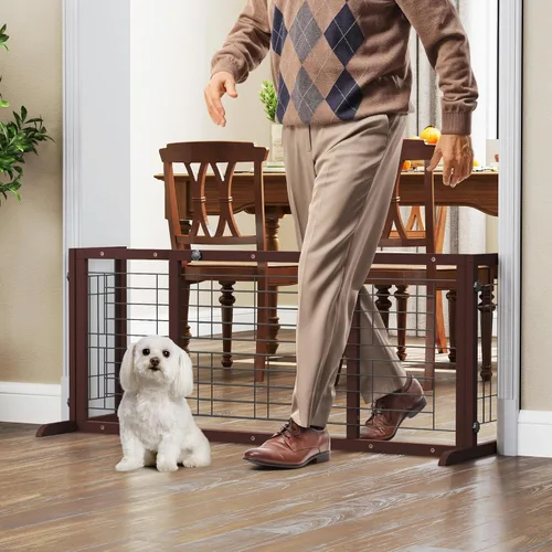 Vista 8 de COZIWOW Puerta para perros de 38 a 67 pulgadas, puerta independiente para mascotas, extra ancha, valla de madera para cachorros, puertas