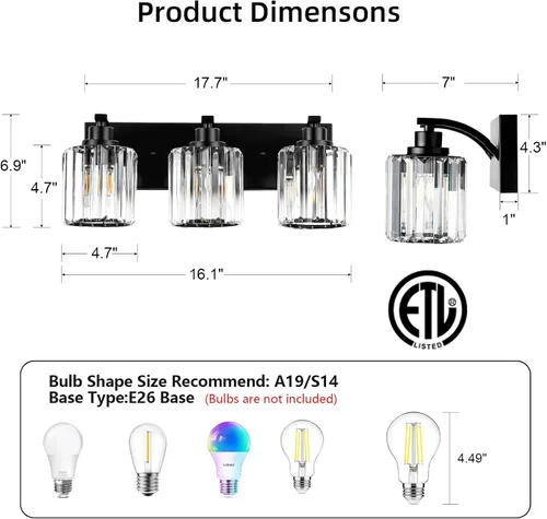 Vista 2 de 3 luces de cristal para tocador de baño, moderna lámpara de baño negra sobre espejo, luces de tocador para dormitorio, baño, pasillo, base E26
