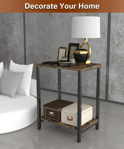 Vista 8 de Mesa auxiliar de 2 niveles, mesa auxiliar resistente con estantes, mesa de noche estrecha para espacios pequeños, mesa de tocadiscos para Negro