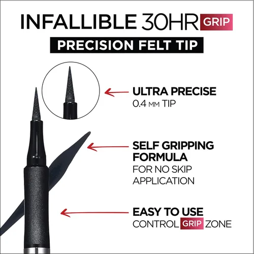 Vista 5 de L'Oreal Paris Cosmetics Makeup Infallible Grip Delineador de ojos de fieltro de precisión, resistente a las manchas, delineador de ojos impermeable