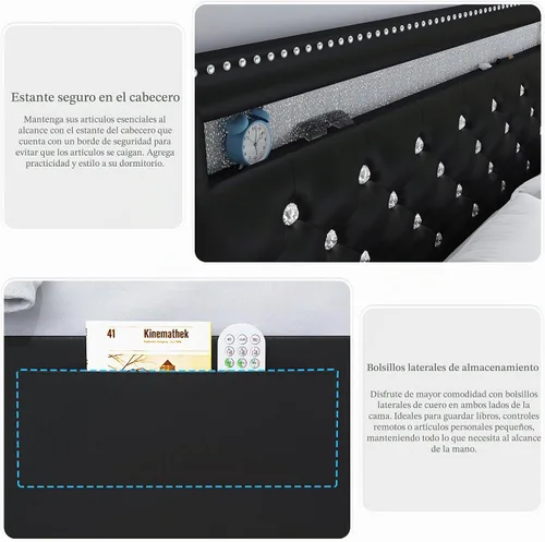 Vista 6 de SIBEDS Base de cama completa con LED y 2 cajones, marco de cama de plataforma de metal resistente de tamaño completo con cabecera ajustable