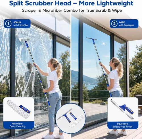 Vista 2 de ITTAR Escobilla de ventana con 2 juegos de postes separados, escobilla de goma de 12 pulgadas y almohadillas de microfibra de 11 pulgadas, kit