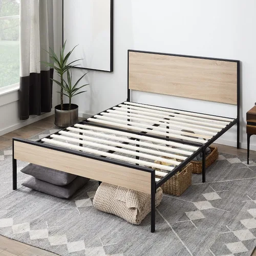 Vista 7 de Edenbrook Base de cama - Cama de plataforma de metal - Cabecero y estribo de madera - Somier opcional, individual, roble marrón